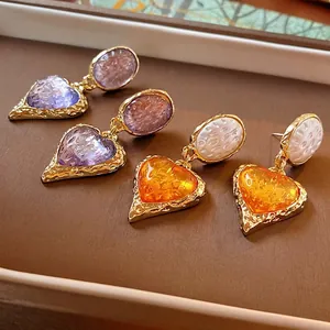 Vintage Heart Dangle Earrings Retro Wrinkled Copper Resin With 925 Sterling Silver Earring Post Elegant Jewelry For Women