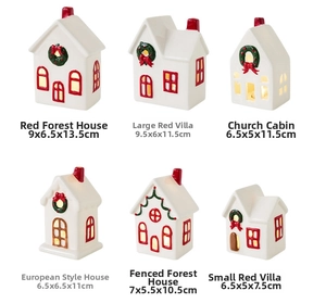 Detailed grid showing six ceramic white Christmas house candle holders with red window frames