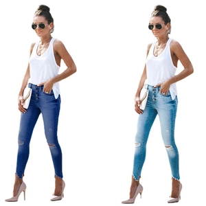 Women High Waist Skinny Jeans Ripped Distressed Button Fly Frayed Hem High Stretch Denim Pencil Pants Streetwear
