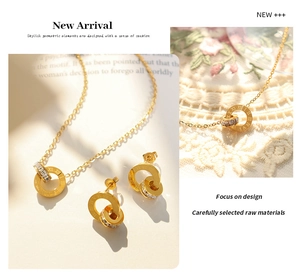 Macro view of gold-plated Roman numeral double ring necklace and earrings with rhinestones