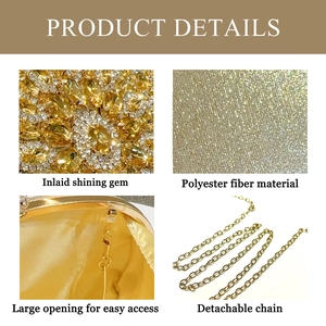 Detail of sunflower rhinestone evening bag with sparkling crystals and gold chain