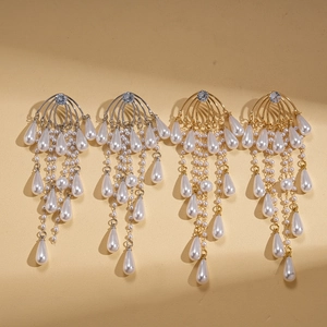 Elegant zircon pearl drop tassel earrings in gold and silver finish with long fringe detail