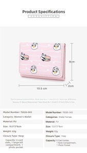 Dettaglio portamonete in PU rosa con dimensioni 10,5x8cm e schema interno multi-tasche