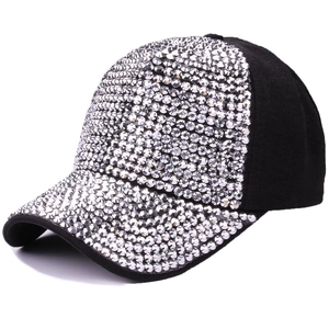 Women's black baseball cap with sparkling silver rhinestones on front and brim