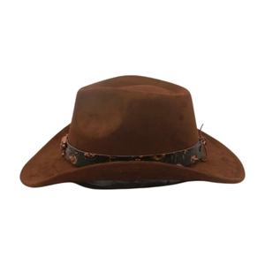 Close-up of dark brown felt cowboy hat featuring black leather band with skull patterns