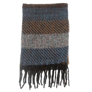 Detailed view of striped scarf texture and fringe edges on a clean white background