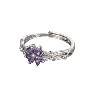 Vintage silver clover ring with purple zircon stone and adjustable vine design for women