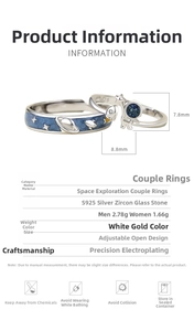 Detailed size specifications for astronaut couple rings with star glass and zircon stones