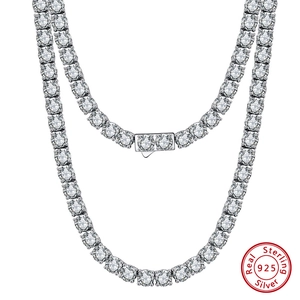 Classic Tennis Chain Necklace 925 Sterling Silver Round Cut Zircon Sparkling Elegant Jewelry For Women