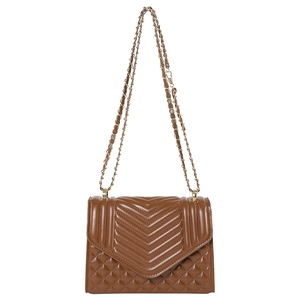 Brown quilted leather chain bag with chevron and diamond patterns on white background