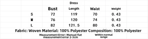 Tableau des tailles pour robe bustier à pois montrant la poitrine et la longueur en polyester