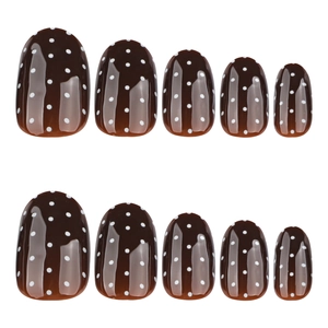 Brown gradient short round press-on nails with white polka dot patterns for autumn