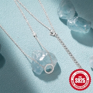 Elegant S925 sterling silver geometric circle necklace with sparkling pavé zircons