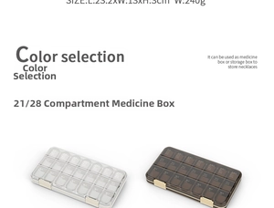 Detail showing dimensions 23.2x13x3cm and 21 compartments of the weekly pill organizer