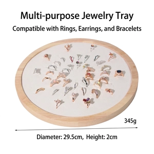 Round wooden jewelry display tray with white lining for rings and studs diameter 29.5cm