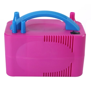Portable electric balloon inflator pump with handle and dual nozzles on white background.