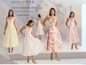 Close-up collage of floral summer dresses showing different patterns and colors