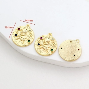 Detail of 16mm gold angel relief pendant with colorful rhinestones for DIY jewelry