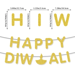 Golden glitter Happy Diwali banner with size specifications for festive party decoration