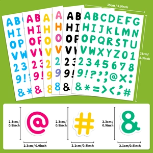 Specifiche delle dimensioni per gli adesivi con lettere e numeri in sei vari colori