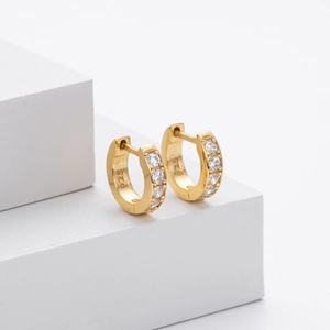 Detailed macro view of gold S925 sterling silver hoop earrings with white zircon inlay