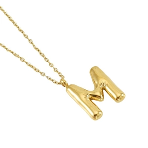 Pendentif lettre M dorée 3D style bulle sur une fine chaîne en acier inoxydable