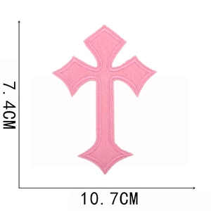 Detailed pink Gothic cross embroidery patch showing exact dimensions 10.7cm by 7.4cm