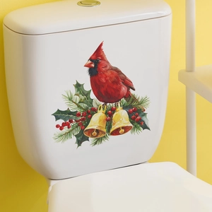 Christmas toilet sticker featuring cardinal bird, golden bells and festive pine branches