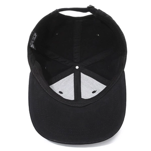 Inside view of black 100% cotton six-panel baseball cap with ventilation eyelets