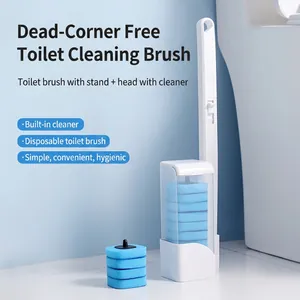 Disposable toilet brush set with wall-mounted holder and blue sponge refill heads