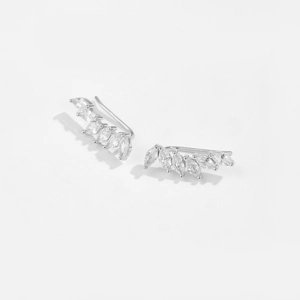 Elegant S925 sterling silver leaf-shaped crawler earrings with marquise cubic zirconia