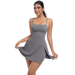 Detail view of dark grey tennis dress with side slit and thin shoulder straps