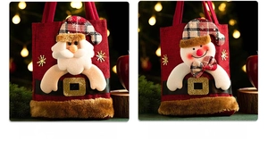 Christmas gift bags with 3D Santa and Snowman designs in red burlap and brown plush trim