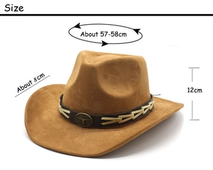 Detail of suede cowboy hat featuring bull head metal buckle and size measurements