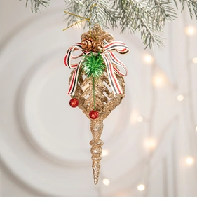 Golden Christmas glitter drop ornament with a striped bow and pine cone detail