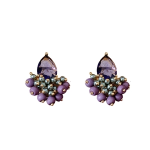 Elegant drop-shaped zircon beaded earrings with purple and grey stones on gold finish