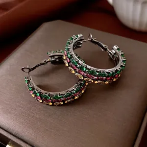 Vintage retro hoop earrings with colorful marquise-cut zircons in gunmetal finish