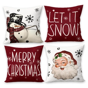 Set of 4 Christmas pillow covers with Santa and snowmen icons on white background