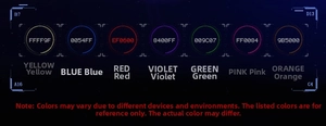 Detail guide showing 7 LED color modes and Hex codes for futuristic glowing glasses
