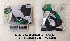 Detailed view of soccer party balloon set showing package weight and dimensions