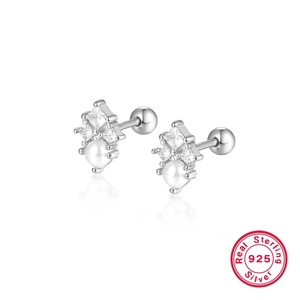 Elegant S925 sterling silver rhombus stud earrings with cubic zirconia and white pearls