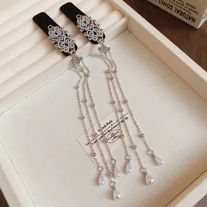 Elegant New Chinese style tassel hair clip with rhinestones and pearls on beige velvet box