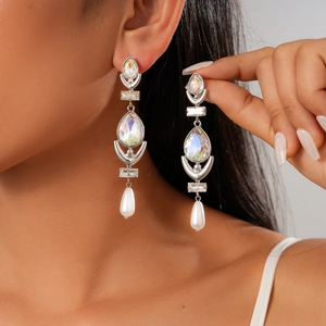 Teardrop Dangle Earrings With Colorful Crystals Imitation Artificial Pearls And 925 Sterling Silver Earring Post Long Elegant Jewelry