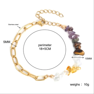 Detailed view of mixed natural crystal stones and golden stainless steel chain link bracelet