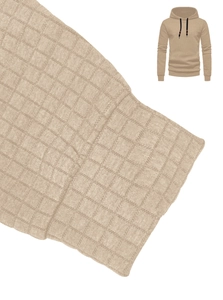 Macro view of khaki waffle knit fabric texture on hooded sweatshirt with drawstrings