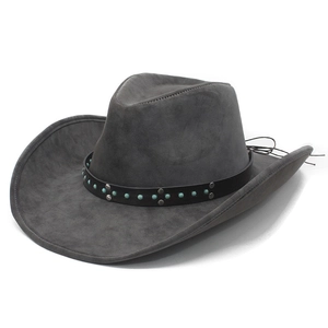 Chapeau de cowboy gris foncé en suédine avec bandeau en cuir orné de perles turquoise