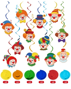 Detailed set of 12 colorful clown party swirl decorations for carnival ceiling display