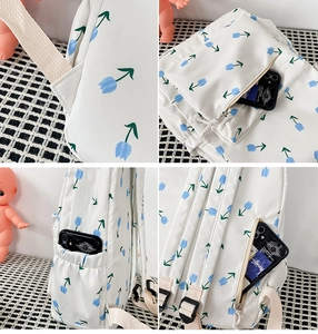 Detailed four-way view showing straps, pockets, and blue tulip patterns on a white floral backpack