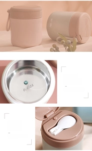 Detail view of SUS304 stainless steel interior and built-in folding spoon in thermal cup
