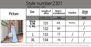 Size chart for summer floral maxi dress showing length and bust measurements in cm